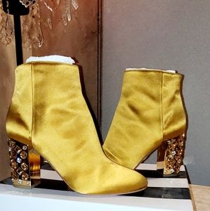 DAZZLING,AQUAZZURA PARTY BOOTIE, EMBELLISHED MIRRORED HEEL, AMBER SATIN. SIZE 38